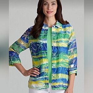 ALLISON DALEY Green Blue Burnout Tropical Floral Button Down Top Abstract 12P